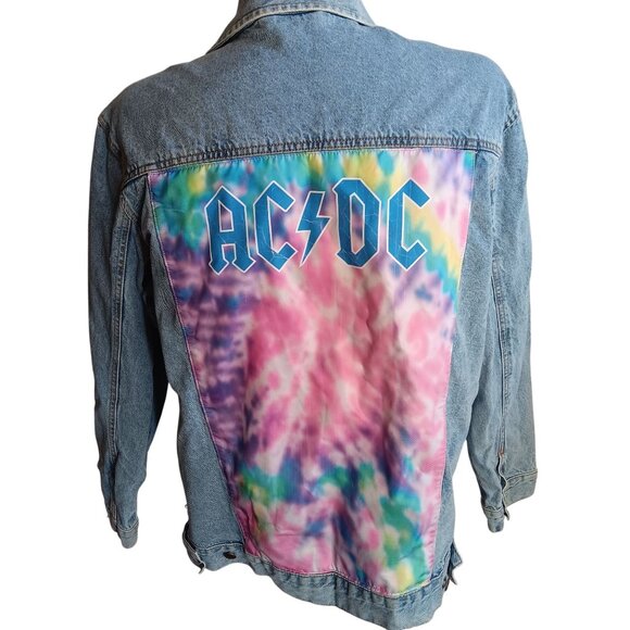 AC/DC Denim Jacket XL With Tie-Dye Back Patch Button Closure Pockets Light Wash - Picture 1 of 6
